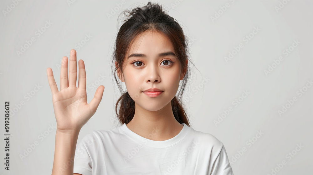 asian woman, showing hand palm to the camera, white studio background asian woman, showing hand palm to the camera, white studio background