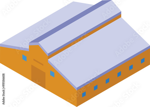 Isometric icon of modern barn building with blue roof and orange walls