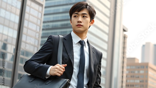 20代、30代のオフィス街にいるアジア人男性（日本人・韓国人イメージ）　Asian Man in His 20s or 30s Wearing a Suit in an Office District photo