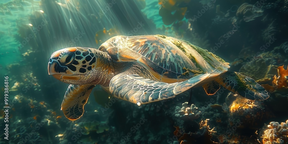 Obraz premium Sea Turtle Swimming in Sunlit Waters