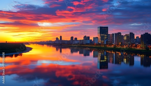 The river scenery and urban buildings reflected by the sunset are colorful and peaceful.