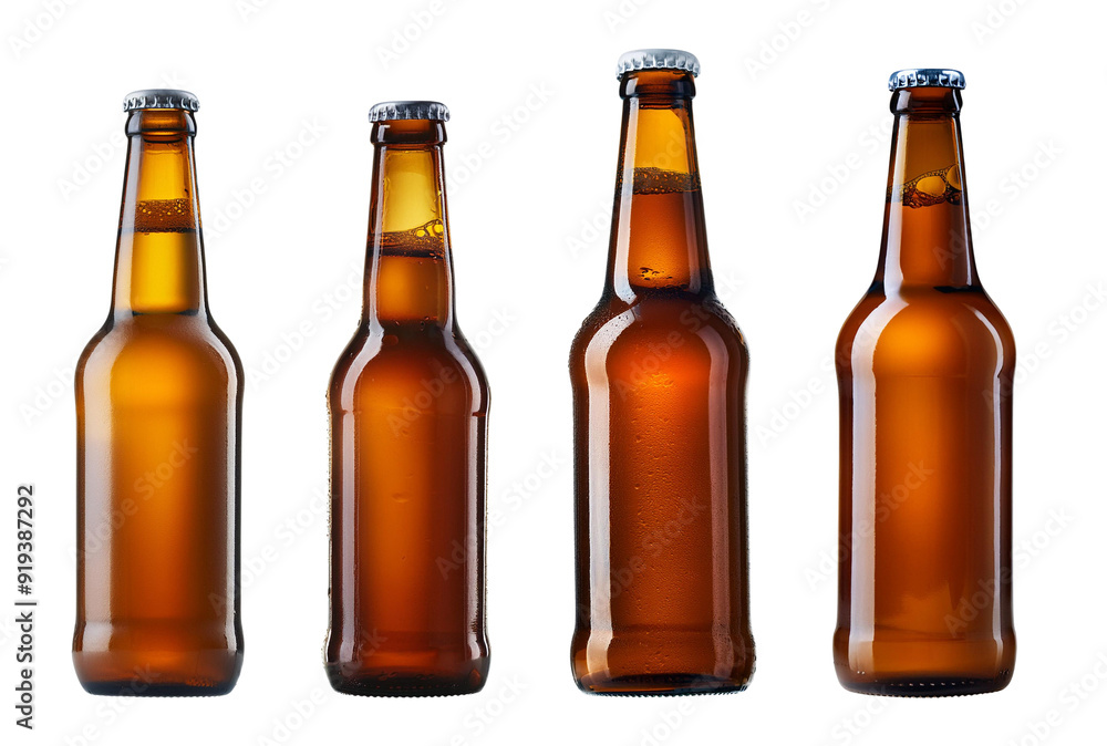 A collection of four brown glass bottles filled with refreshing beverages, perfect for showcasing drinks and party themes. A collection of four brown glass bottles filled with refreshing beverages, perfect for showcasing drinks and party themes.