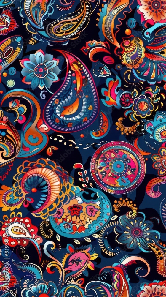 Naklejka premium A vibrant paisley design with intricate floral elements on a rich dark backdrop