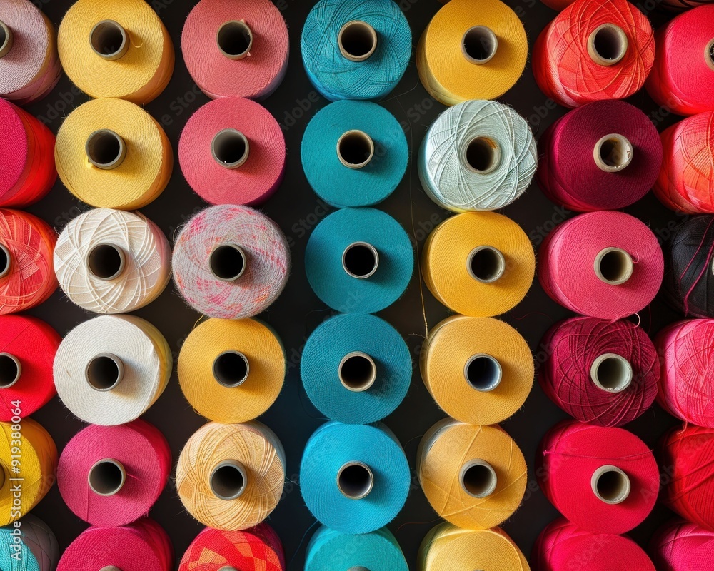Colorful spools of thread arranged in a grid pattern on a dark background, displaying various shades of vibrant colors Colorful spools of thread arranged in a grid pattern on a dark background, displaying various shades of vibrant colors