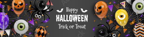 halloween banner with party balloons, confetti and pennants
