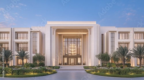 Wallpaper Mural An opulent hotel entrance with grand architecture, adorned in black metalwork and gold accents, welcomes guests amid vibrant landscaping Torontodigital.ca