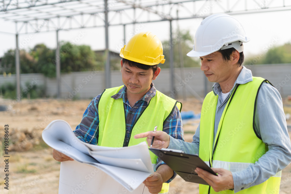 Fototapeta premium Builder engineer and supervisor consultant inspection job plan concept, Asian contractor and foreman looking blueprint in computer laptop and checking process plan of factory warehouse construction