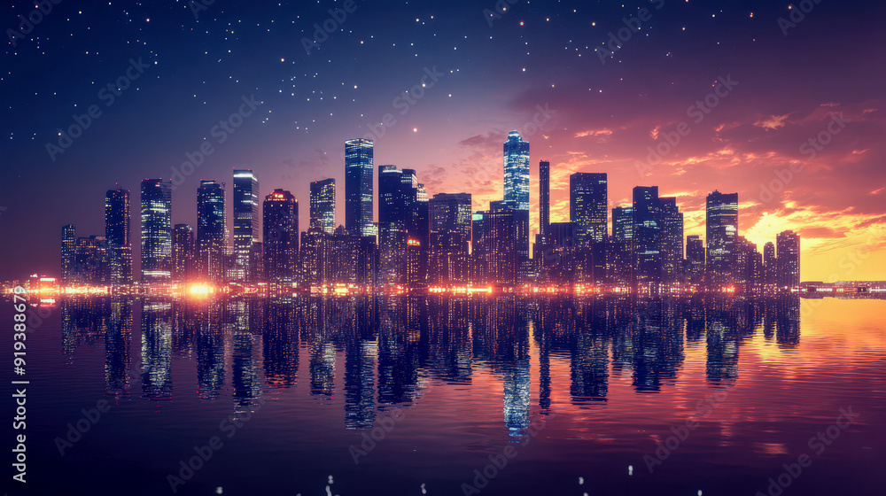 A city skyline is reflected in the water at sunset
