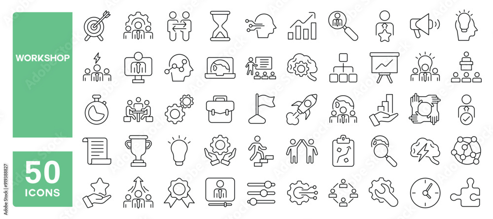 Set of 50 line icons related to workshop, coaching, motivation, business, teamwork, managing, meeting, Editable stroke. Vector illustration Set of 50 line icons related to workshop, coaching, motivation, business, teamwork, managing, meeting, Editable stroke. Vector illustration