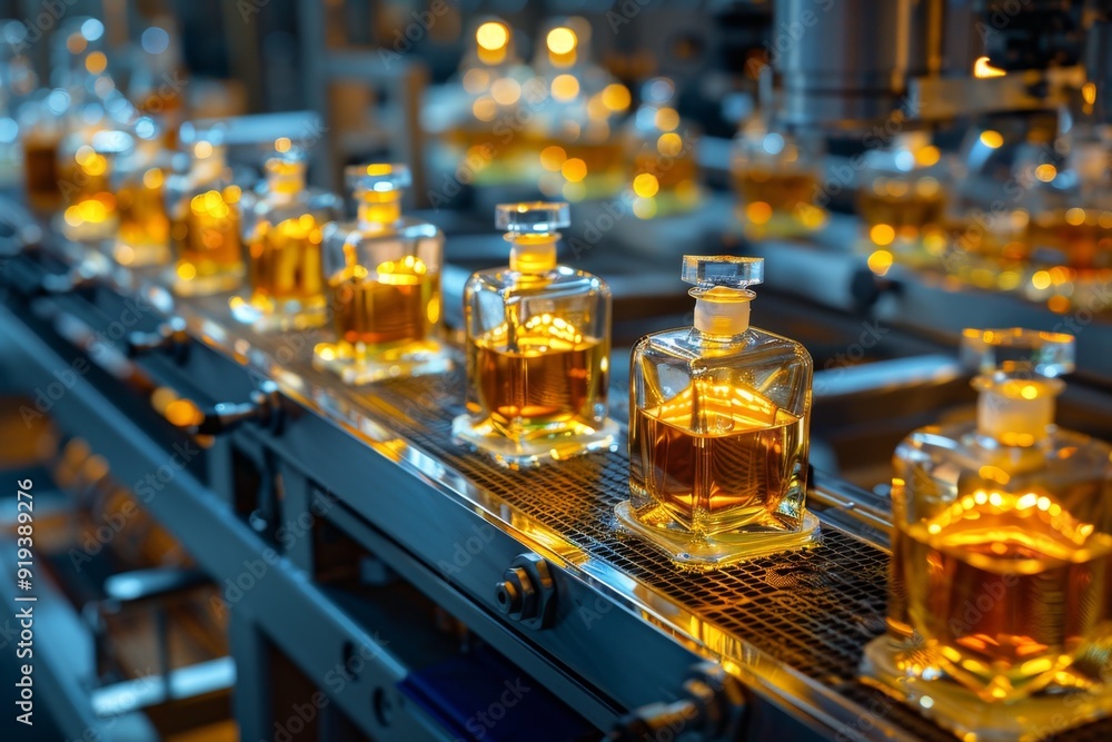 Row of glass bottles with golden liquid on filling line in distillery. Bottles with whiskey getting filled. Industrial bottling process in modern factory. High quality image. Generative AI Row of glass bottles with golden liquid on filling line in distillery. Bottles with whiskey getting filled. Industrial bottling process in modern factory. High quality image. Generative AI