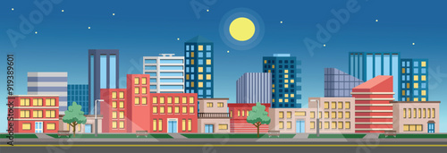 Urban city at night vector illustration. Apartment landscape art. Building vector stock. Night cityscape with moonlight view. Night city illustration.