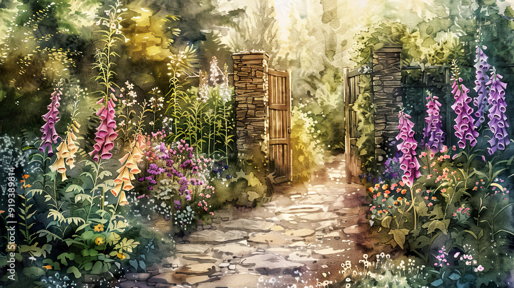 Fototapeta premium Realistic watercolor of a lush English garden, blooming foxgloves, stone pathway, wooden gate, warm afternoon light