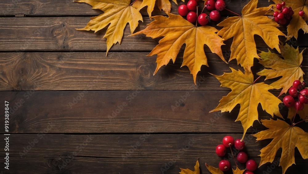 Obraz premium Top view of Autumn maple leaves with Pumpkin and red berries on old wooden background. Thanksgiving day concept