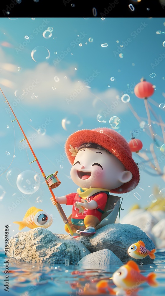 Naklejka premium A cute 3D character, an Asian person, is fishing on a boat during an outdoor recreational activity. The scene captures a relaxed and playful moment, combining nature and leisure in a charming way.