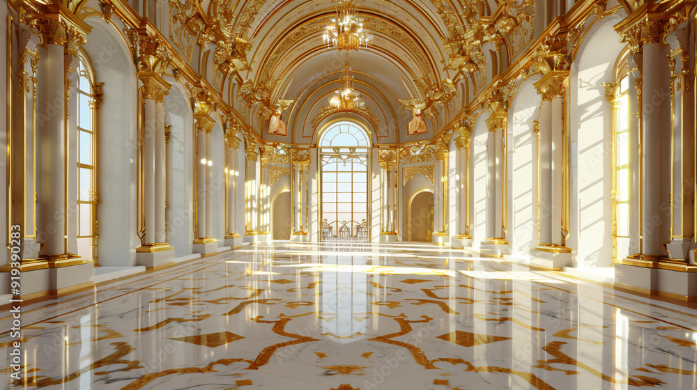 Obraz premium Luxurious ballroom interior is shining with natural sunlight coming through the tall windows