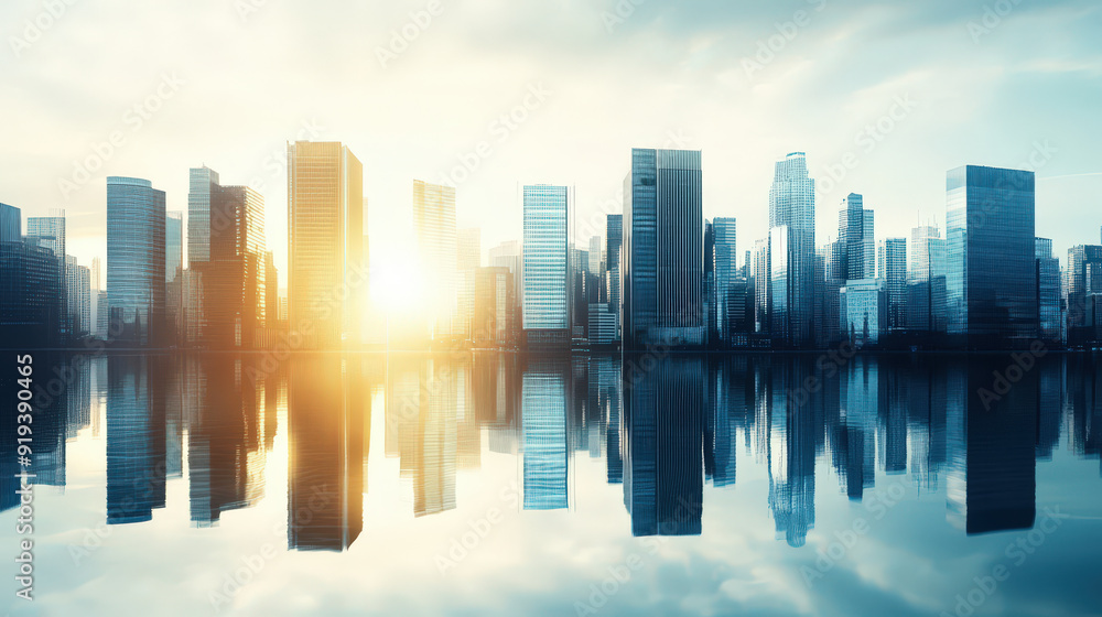 A city skyline is reflected in the water, with the sun setting in the background A city skyline is reflected in the water, with the sun setting in the background