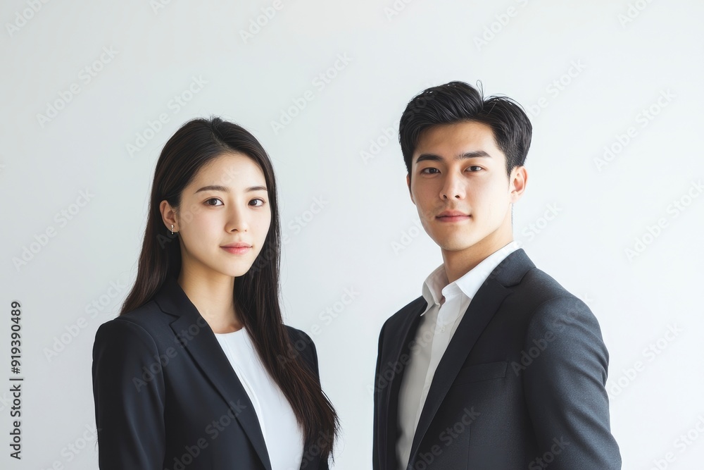 Photo of two young Asian business people on white background with generative ai Photo of two young Asian business people on white background with generative ai