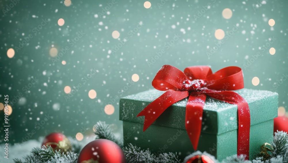 Green Christmas gift boxes with red ribbon on the snow and bokeh lights background. Green Christmas gift boxes with red ribbon on the snow and bokeh lights background.