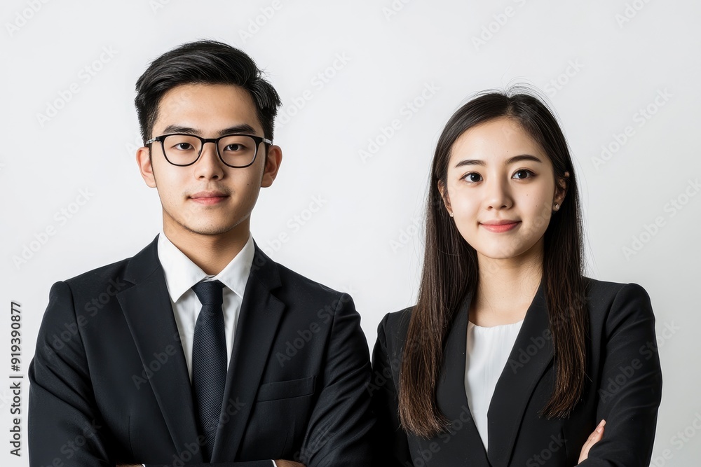 Photo of two young Asian business people on white background with generative ai Photo of two young Asian business people on white background with generative ai