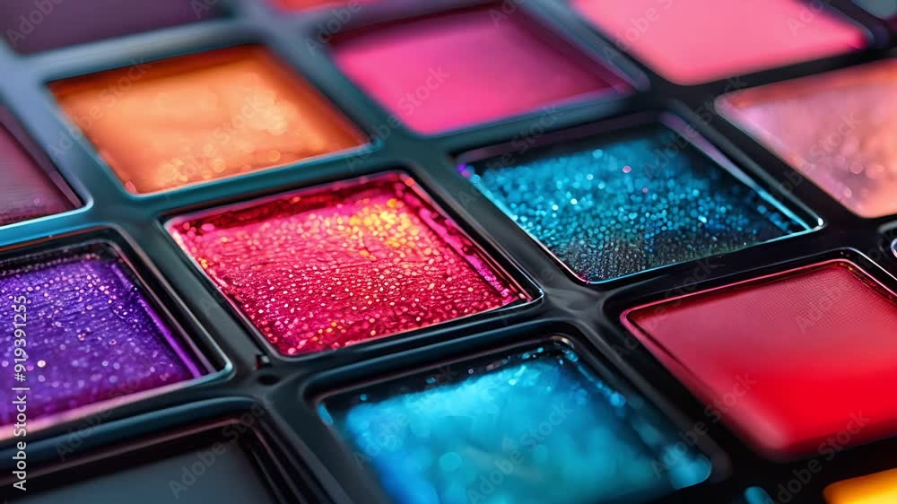 Close-up of a colorful eyeshadow palette with various shades. Close-up of a colorful eyeshadow palette with various shades.