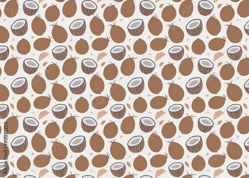 Coconut seamless pattern. Vector illustration. Hand drawn doodle style.Cocos nucifera