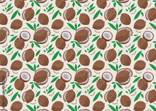 Seamless pattern with macadamia nuts. Vector illustration of half and full coconuts with leaves nature background.