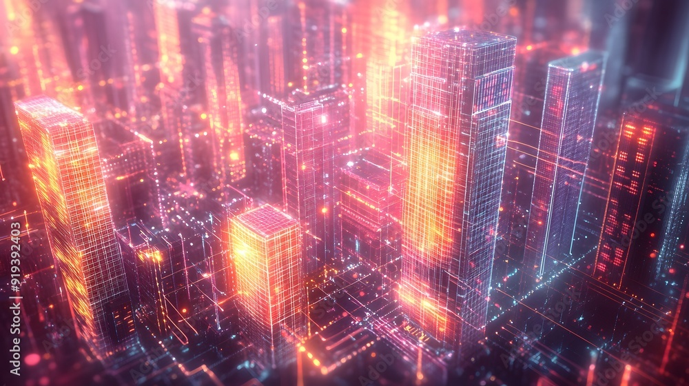 Fototapeta premium Digital Cityscape with Luminous Skyscrapers and Data Streams, Symbolizing Technological Integration in Urban Life