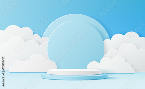 Blue podium with paper cut clouds on sky background. Vector 3d product display podium, stage or scene with round pastel blue base and origami white clouds. Geometric shape presentation stand, platform
