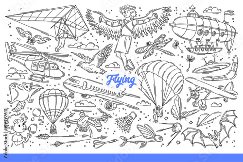 Flying background with airplanes and helicopter or hang glider moving in sky, near bat or quadcopter. Flying elements symbolizing freedom and readiness for travel and long flights. Hand drawn doodle