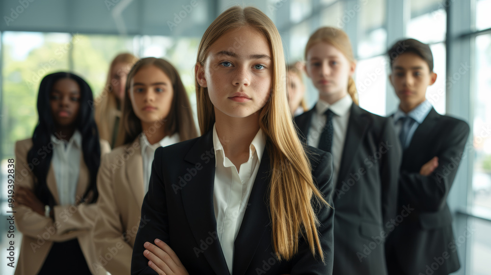 Young Girl in professional attire standing in an office, looking confident. Their serious expressions and the modern setting reflect their focus on future success and leadership. Young Girl in professional attire standing in an office, looking confident. Their serious expressions and the modern setting reflect their focus on future success and leadership.