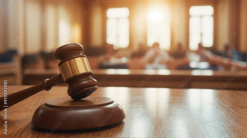 Close-up of a gavel in a courtroom with soft sunlight streaming through the windows, symbolizing justice and law. Close-up of a gavel in a courtroom with soft sunlight streaming through the windows, symbolizing justice and law.