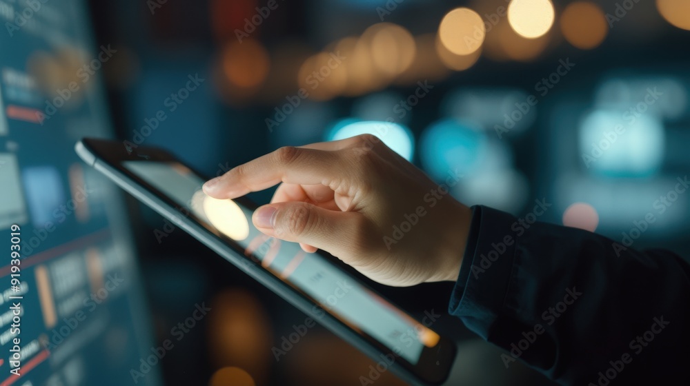 Close-up of a hand interacting with a tablet screen in a modern, technology-focused environment with bokeh background. Close-up of a hand interacting with a tablet screen in a modern, technology-focused environment with bokeh background.