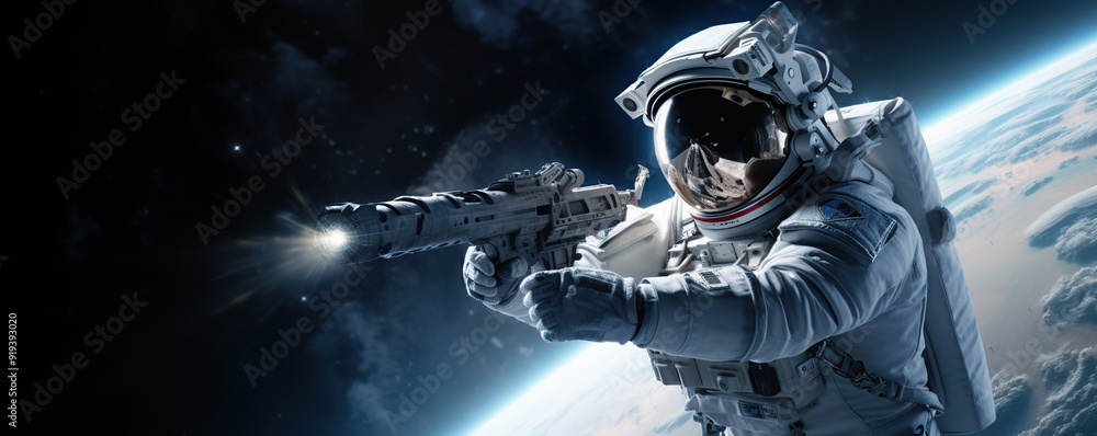 Astronaut aiming a futuristic weapon in a dark space Astronaut aiming a futuristic weapon in a dark space