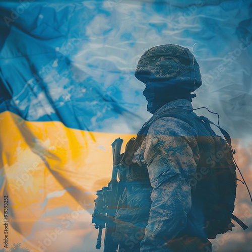 Duble exposure of The Russian-Ukrainian war on the background of the Ukrainian flag. Background with person photo