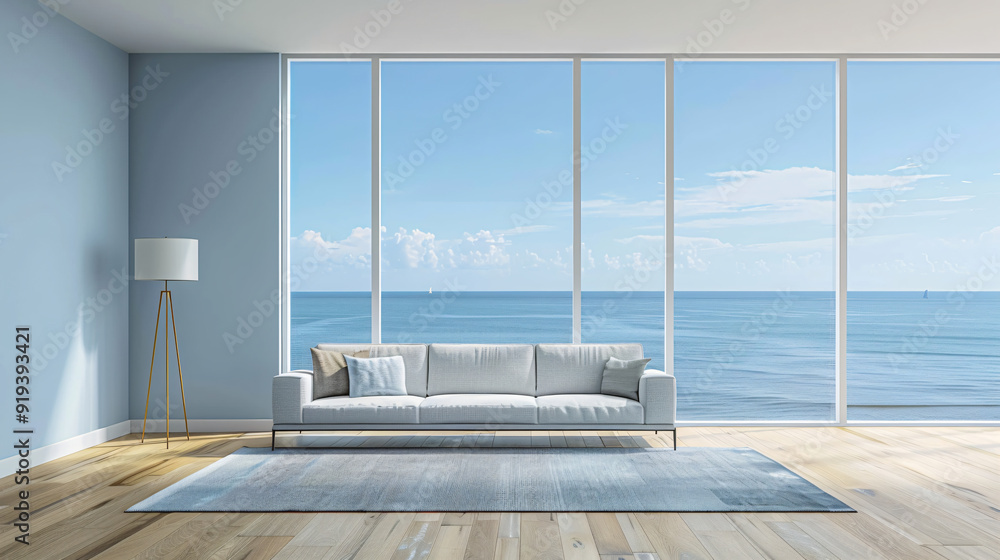 Modern living room with large windows offering a stunning view of the ocean, creating a serene and relaxing atmosphere Modern living room with large windows offering a stunning view of the ocean, creating a serene and relaxing atmosphere