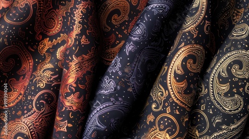 The fabric features detailed paisley patterns in rich colors, perfect for textile enthusiasts and fashion designers