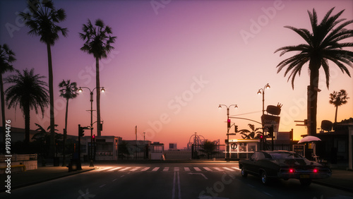 Purple sunset with palm trees. Evening beach in California. Palms and dusk sky. Palms silhouette on twilight sky, California. Santa Monica Pier
