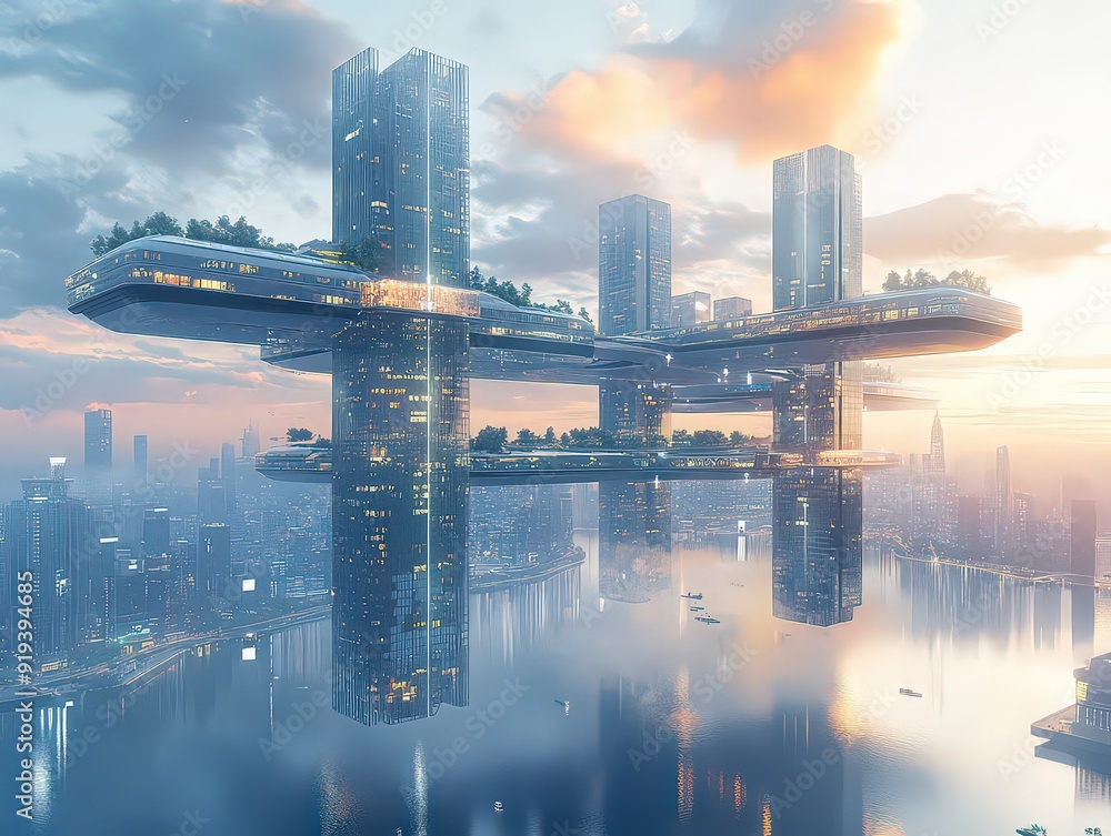 Fototapeta premium surreal depiction of office buildings levitating in mid-air, with interconnected bridges and platforms, representing innovative and futuristic business environments.