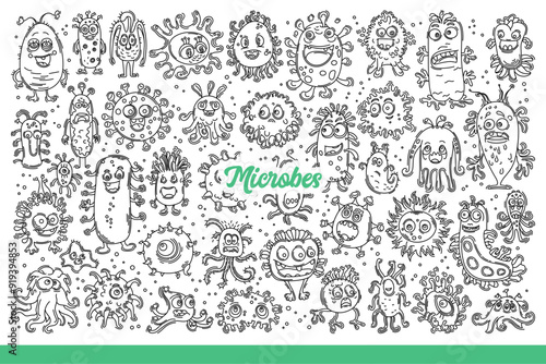 Microbes and bacteria inhabit human body and carry dangerous diseases. Microbes and parasites in form of little monsters with funny faces spreading viral epidemics. Hand drawn doodle