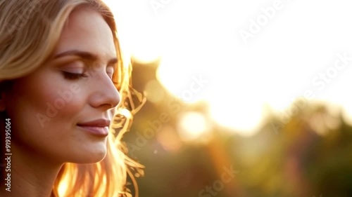 Young blond woman with long hair enjoying sun and wind with closed eyes smile getting vitamin D outdoors. Peace of mind. Mindfulness, mental health, spirituality, well-being , meditation 4k 