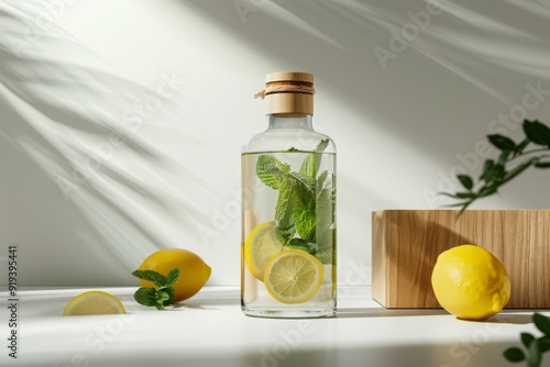 bottle of lemonade with herbs photo