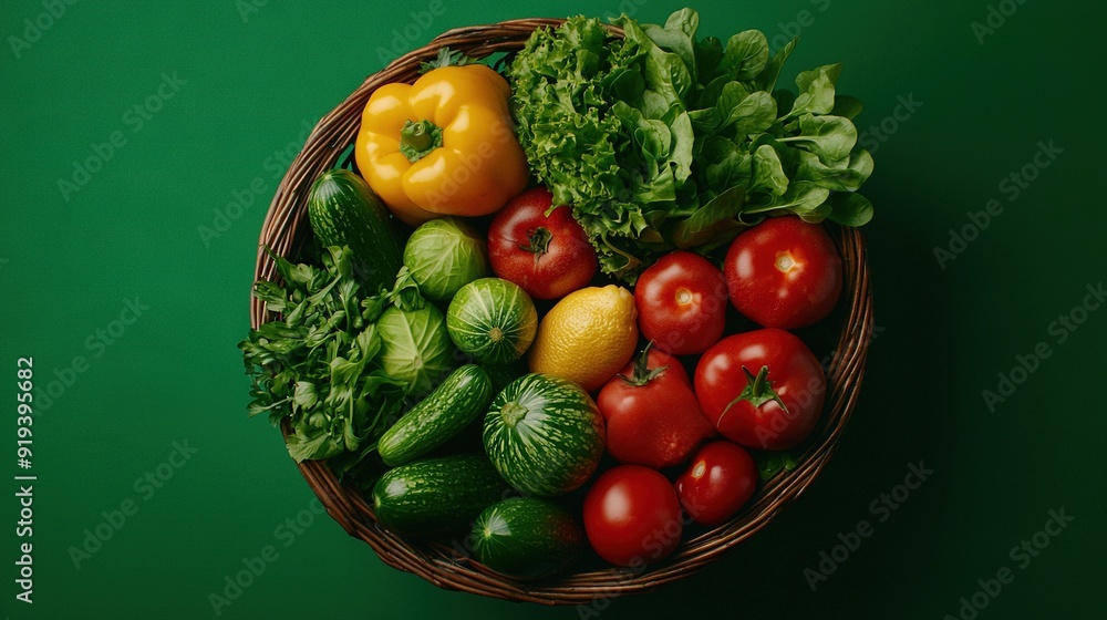 A wicker basket overflowing with diverse fruits & veggies atop a verdant background A wicker basket overflowing with diverse fruits & veggies atop a verdant background