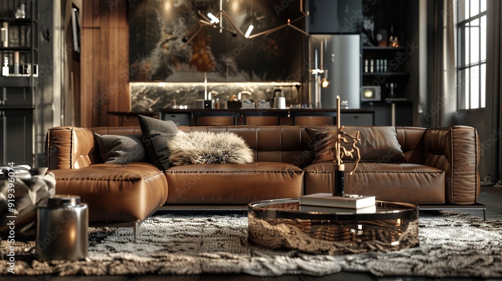 A lounge with a mix of textures, a leather sofa, a woolen rug, a glass coffee table, and metal accents. A lounge with a mix of textures, a leather sofa, a woolen rug, a glass coffee table, and metal accents.