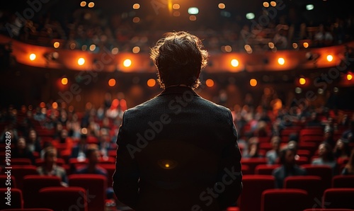 back view of man in business suit giving a speech on the stage in front of the audience.