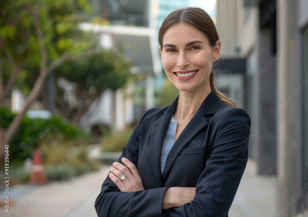 Businesswoman in gray suit smiling with arms crossed, standing on street with blurred office building. Businesswoman in gray suit smiling with arms crossed, standing on street with blurred office building.