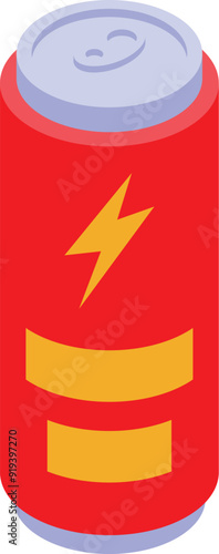 Red aluminum can with yellow label and lightning symbol, isolated on white background, suitable for illustrating energy drinks, soda or other beverages