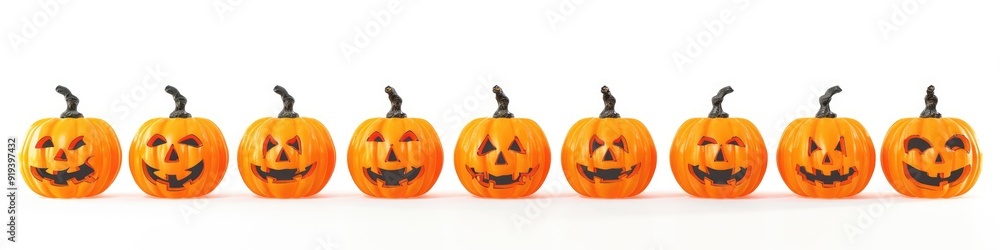 Isolated Row of Jack-o'-Lantern Pumpkins: Ideal for Halloween Marketing on White Isolated Row of Jack-o'-Lantern Pumpkins: Ideal for Halloween Marketing on White