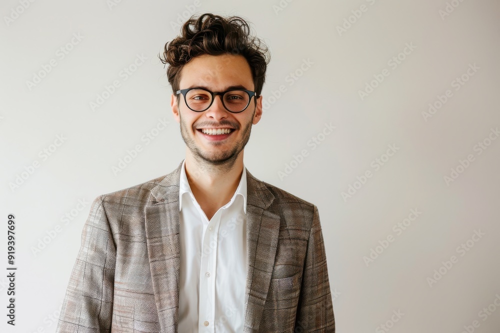 Handsome young businessman with glasses, smiling at camera in checkered suit, against white background. Handsome young businessman with glasses, smiling at camera in checkered suit, against white background.