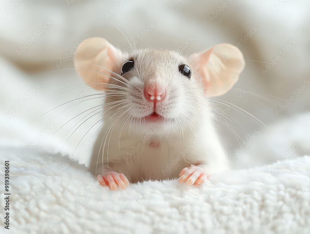 Adorable white rat peeking out from a soft blanket. Adorable white rat peeking out from a soft blanket.