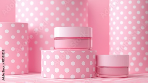 Vibrant Retro Pop Art Background, Bubblegum Pink with Polka Dots, Ideal for Cosmetic Product Showcase, Features a Polished Podium on a Smooth Plastic Surface